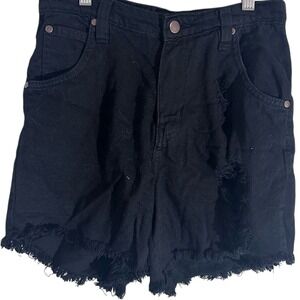 PRETTYLITTLETHING Black Distressed‎ Denim Cutoff Shorts High Waisted Frayed Hem